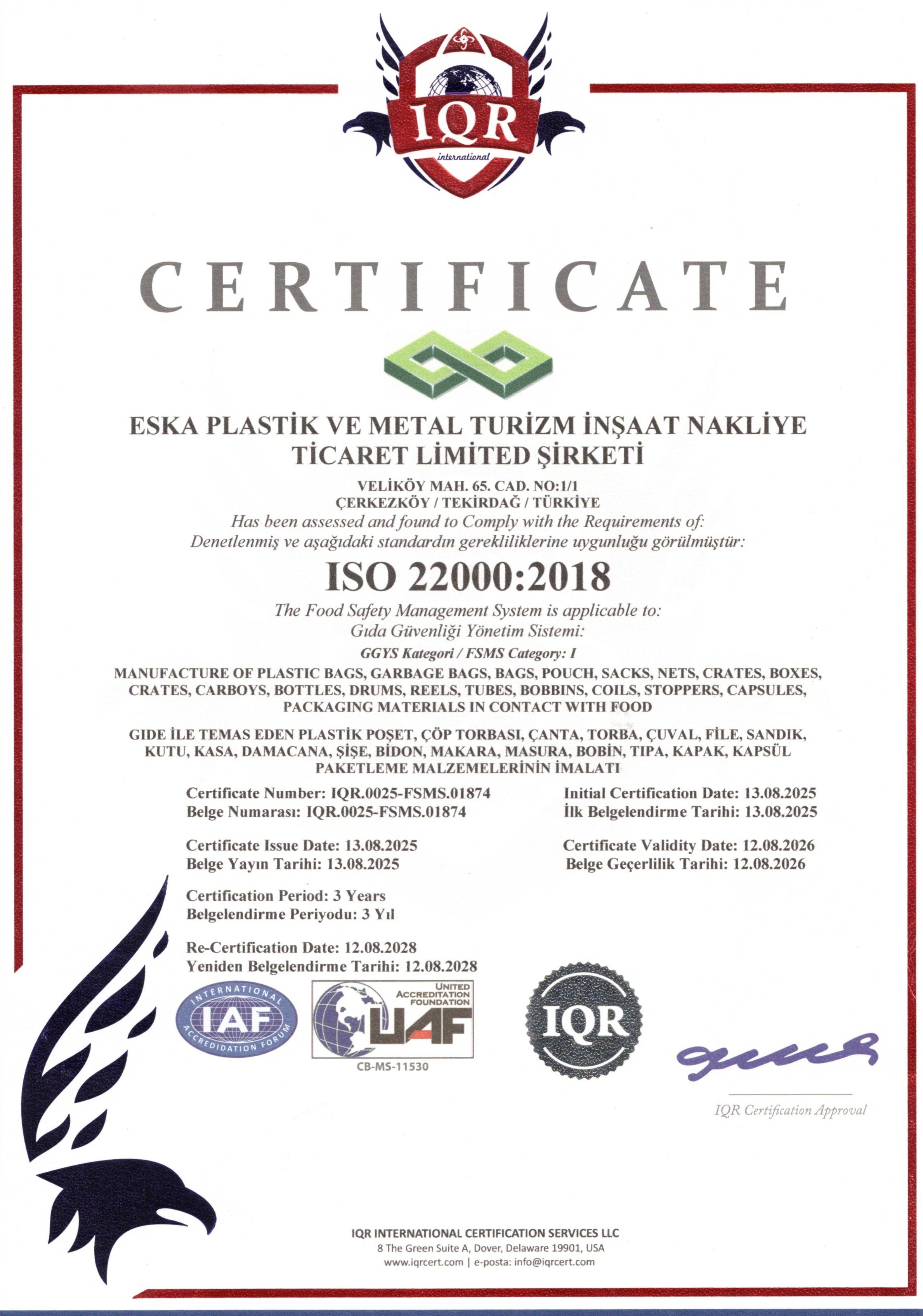 ISO 22000:2018 Belgesi
