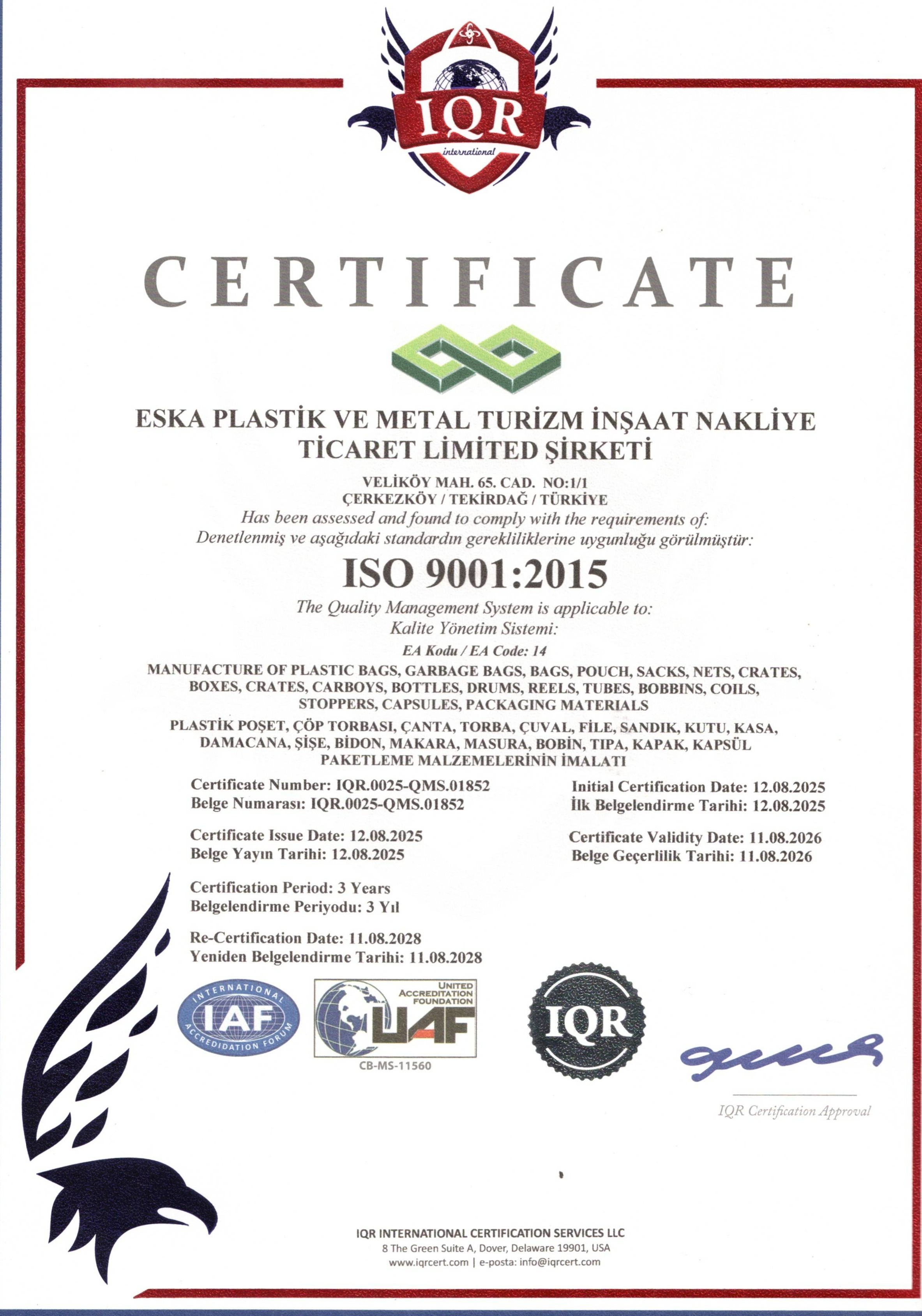 ISO 9001:2015 Belgesi