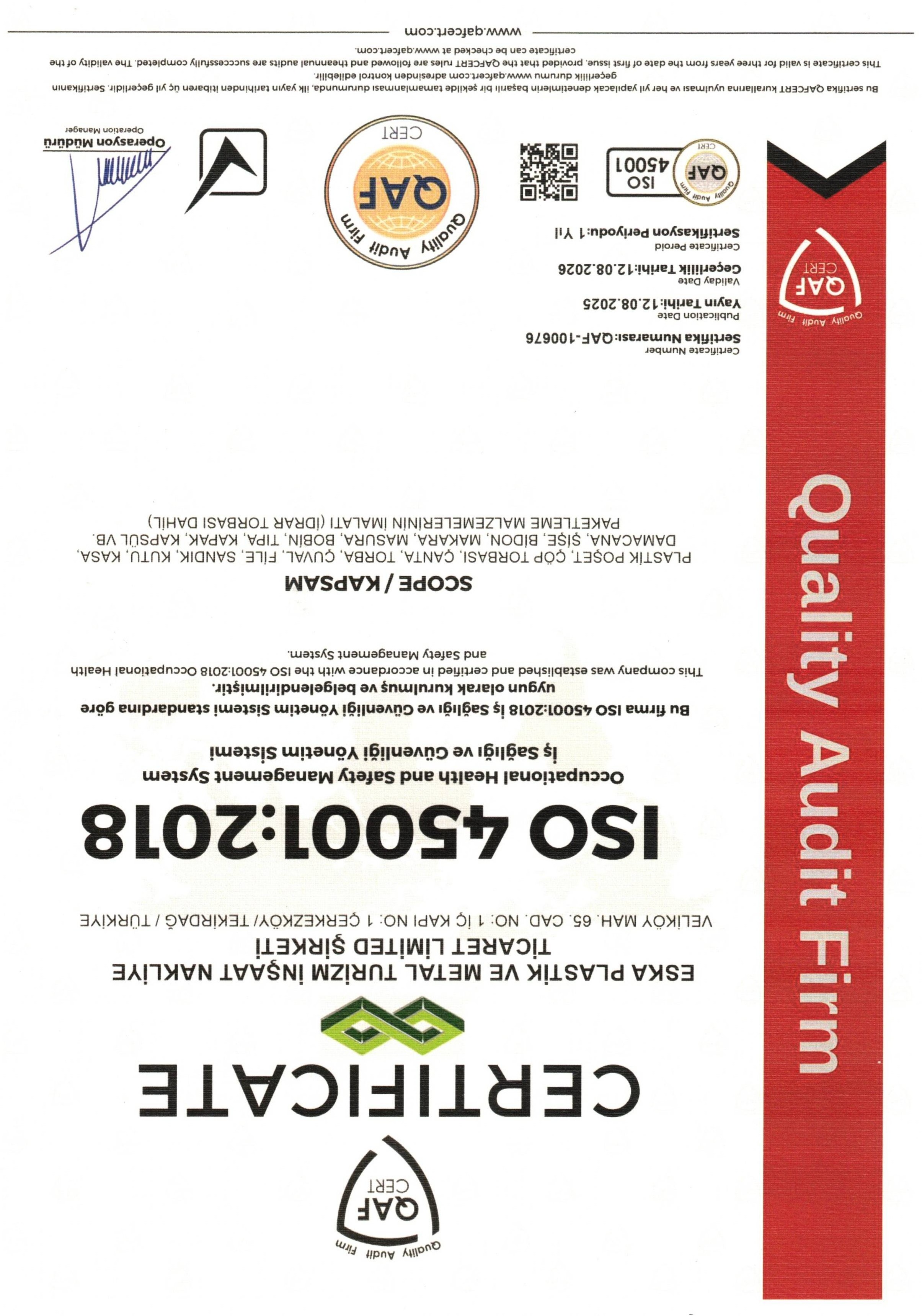 ISO 45001:2018 Belgesi